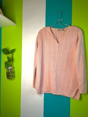 Vintage Cascade Blues Light Pink Cable Knit V-Neck Sweater